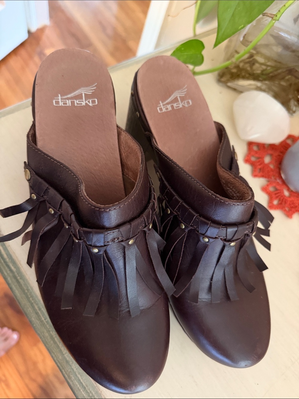 Dansko Dark Brown Leather Fringe Clog Mules